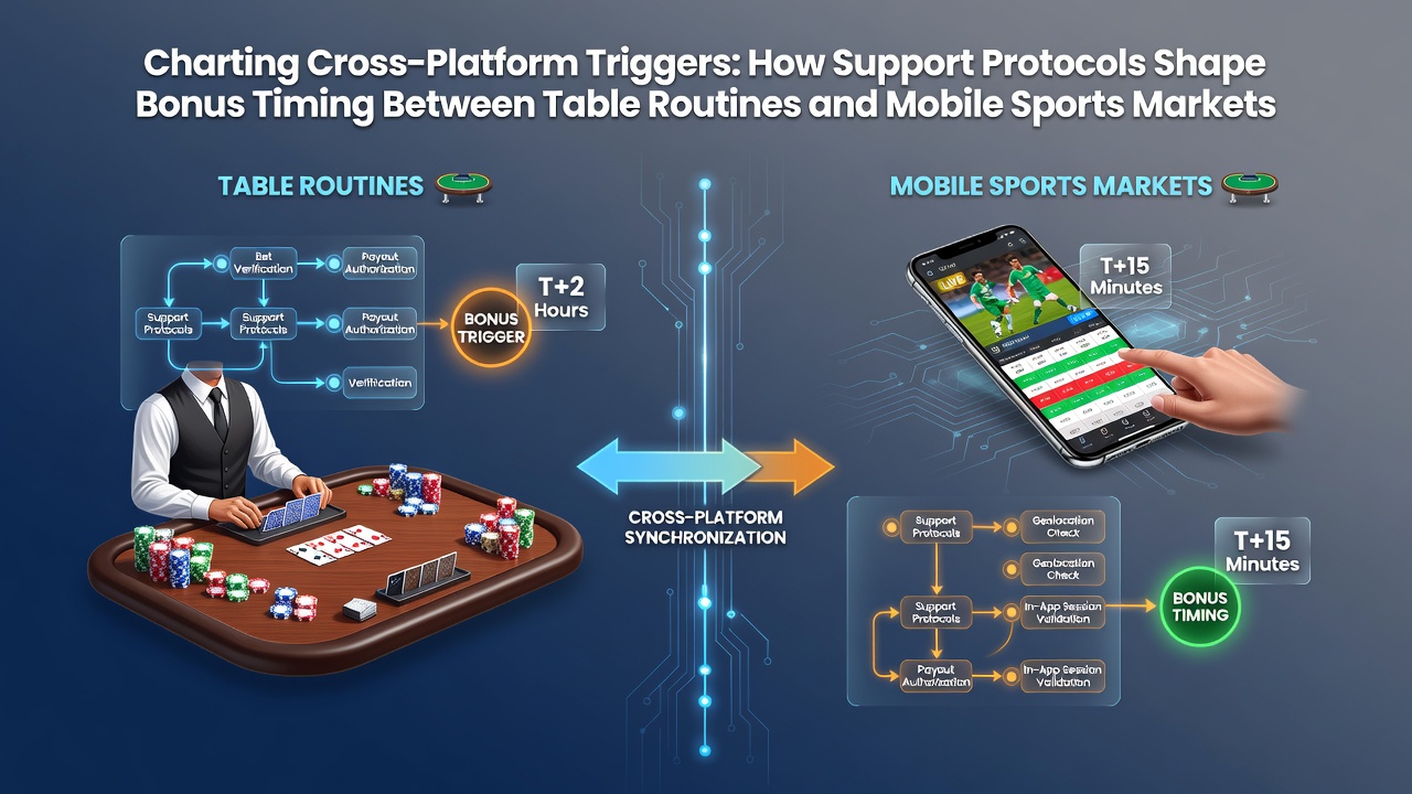 Diagram dat cross-platform triggers tussen tafelspellen en mobiele sportmarkten illustreert met focus op supportprotocollen en bonustiming
