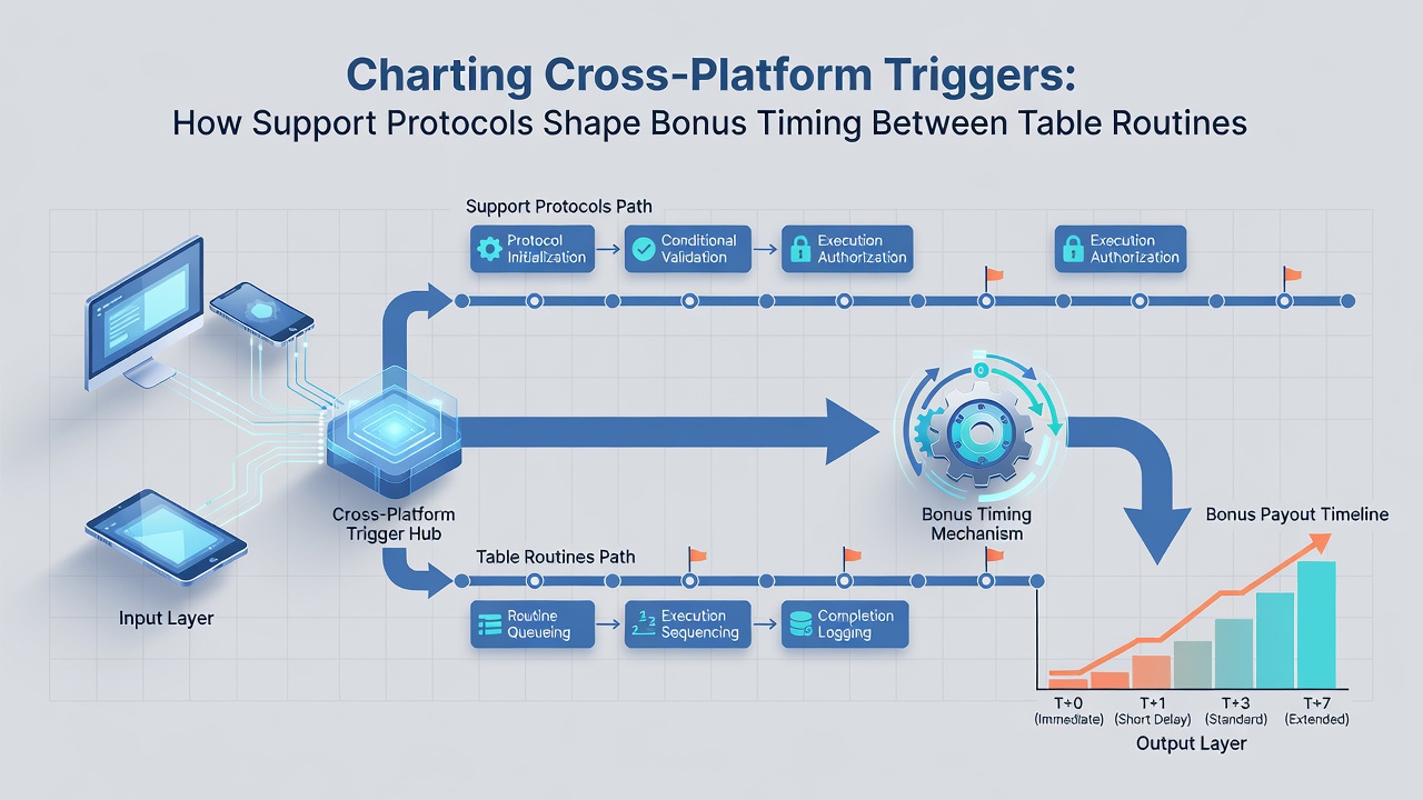 Illustratie van bonustiming en dataflow tussen tafelroutines en mobiele sportmarkten via supportprotocollen