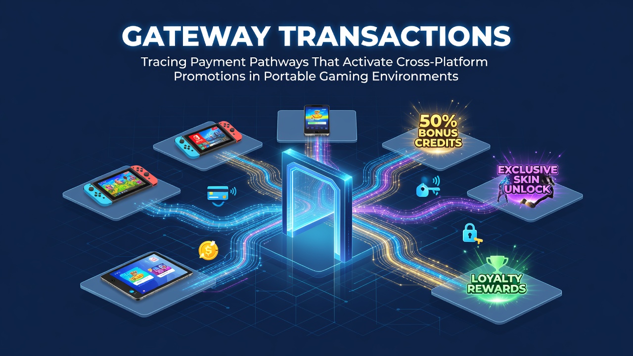 Illustratie van betalingsgateway transacties in mobiele spelomgevingen met verbonden platforms en promotie activering