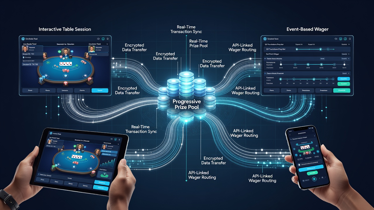 Diagram van transactiepaden die progressieve prijzen verbinden met mobiele casino sessies en eventweddenschappen