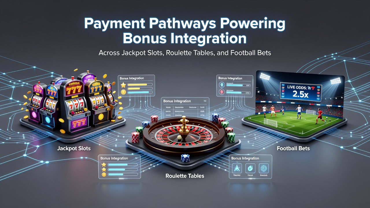 Detailopname van een betalingsdashboard dat jackpot slots, roulettetafels en voetbalbets verbindt met bonusintegratie
