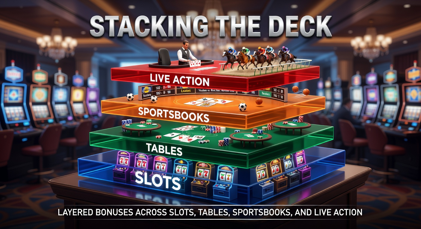 Grafische weergave van gestapelde bonusfiches op een casino tafel met slots, kaarten en sportweddenschappen op de achtergrond