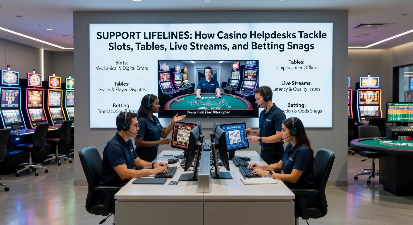 Een casino helpdesk medewerker die via chat een speler helpt met een slotmachine probleem, met schermen vol live data op de achtergrond