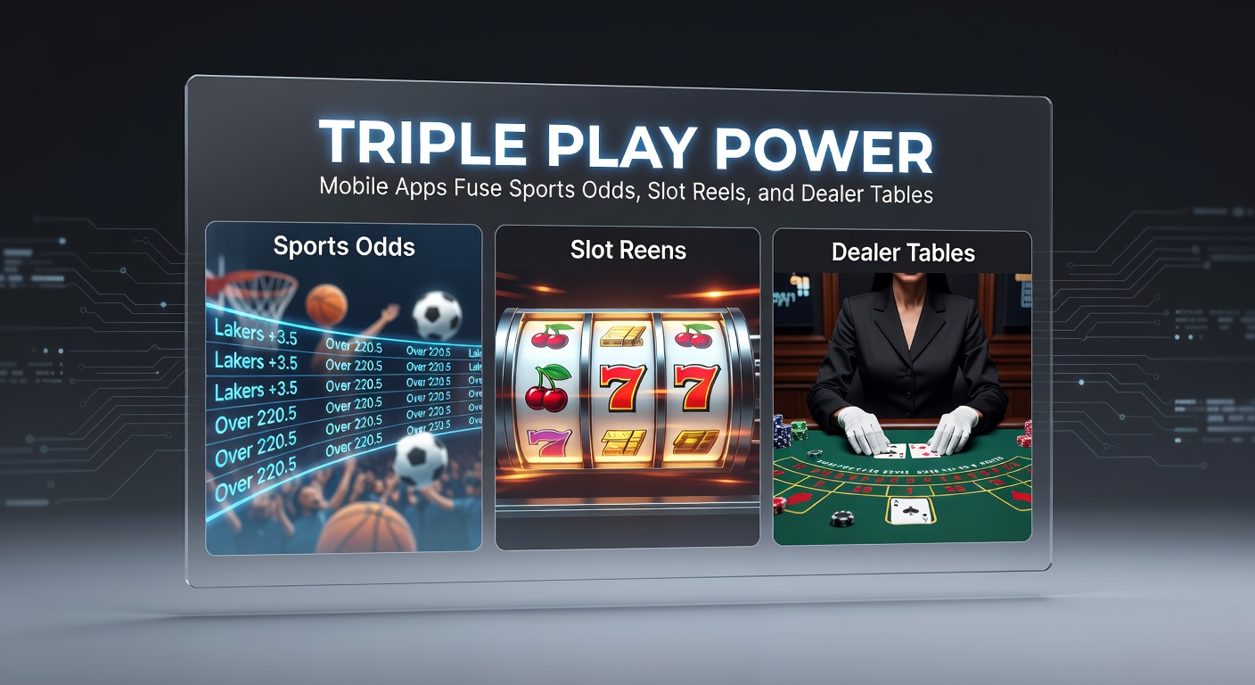 Scherm van een mobiele app die sportweddenschappen, draaiende slotrollen en een live dealer tafel naadloos combineert, met odds, jackpots en kaarten in beeld