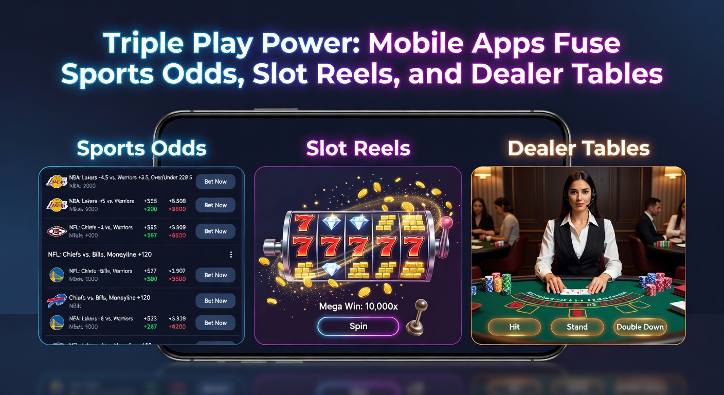 Dichtbij shot van een smartphone met gelijktijdige schermen: live sportwedstrijd odds, een progressieve slot jackpot en een blackjack dealer die deelt, allemaal in één interface